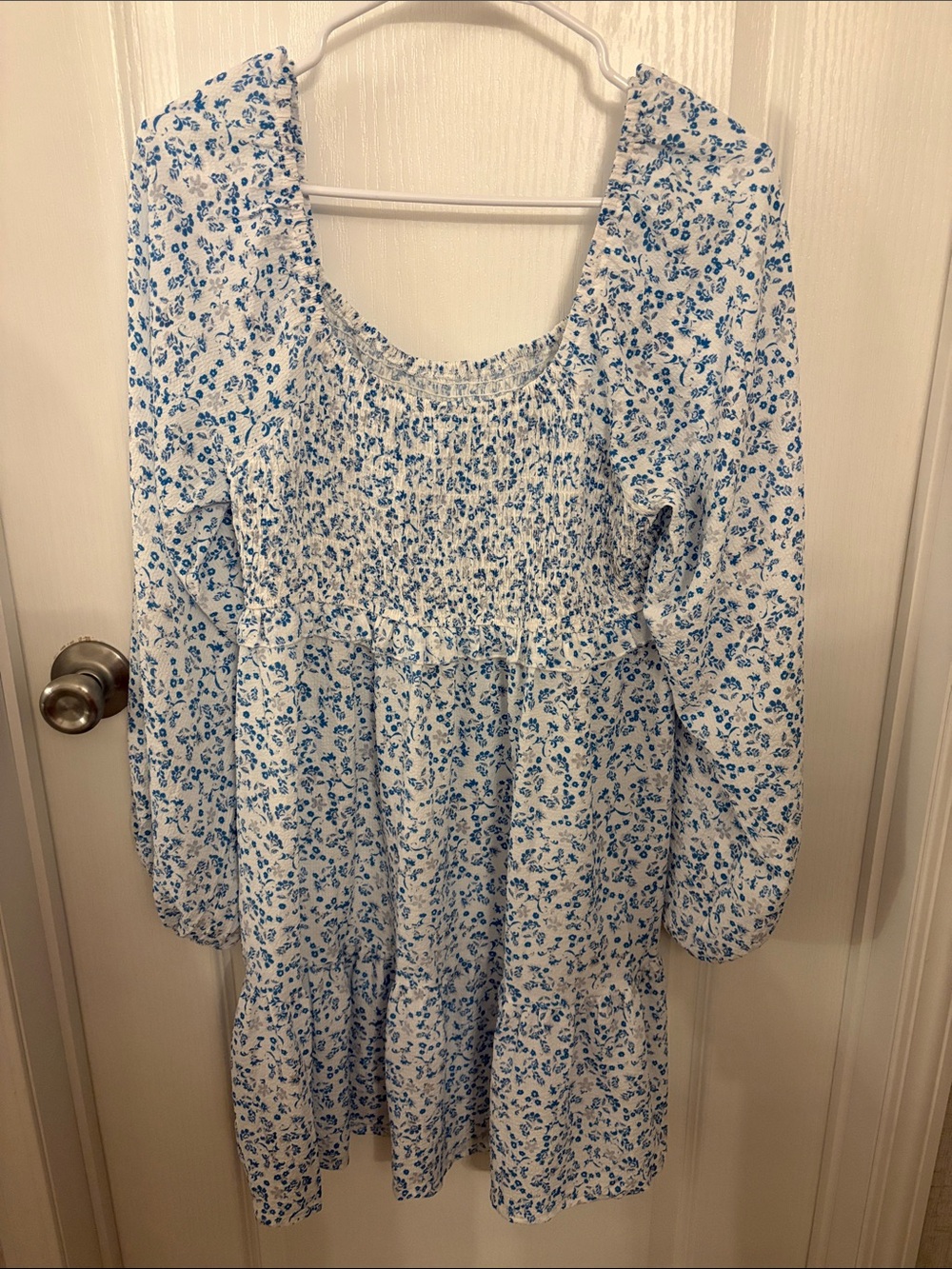 White and Blue Floral Smocked Midi Dress - Women